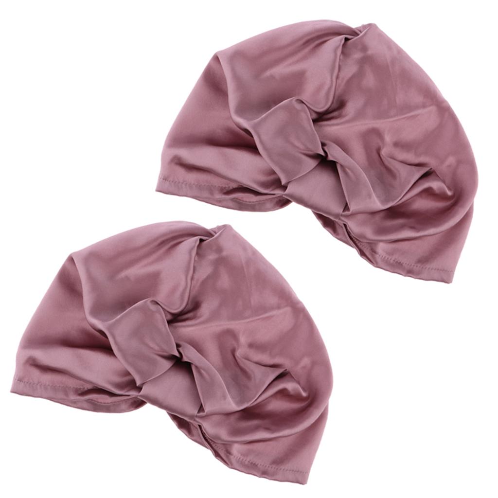 2pcs Womens Pure Silk Sleep Hats Wrap Night Cap Hair Care Bonnet Pink