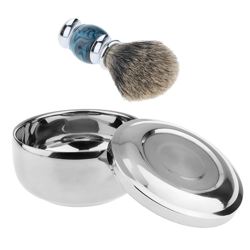 Alloy Men Shaving Bowl Beard Soap Cup with Lid + Wood Handle Shave Brush