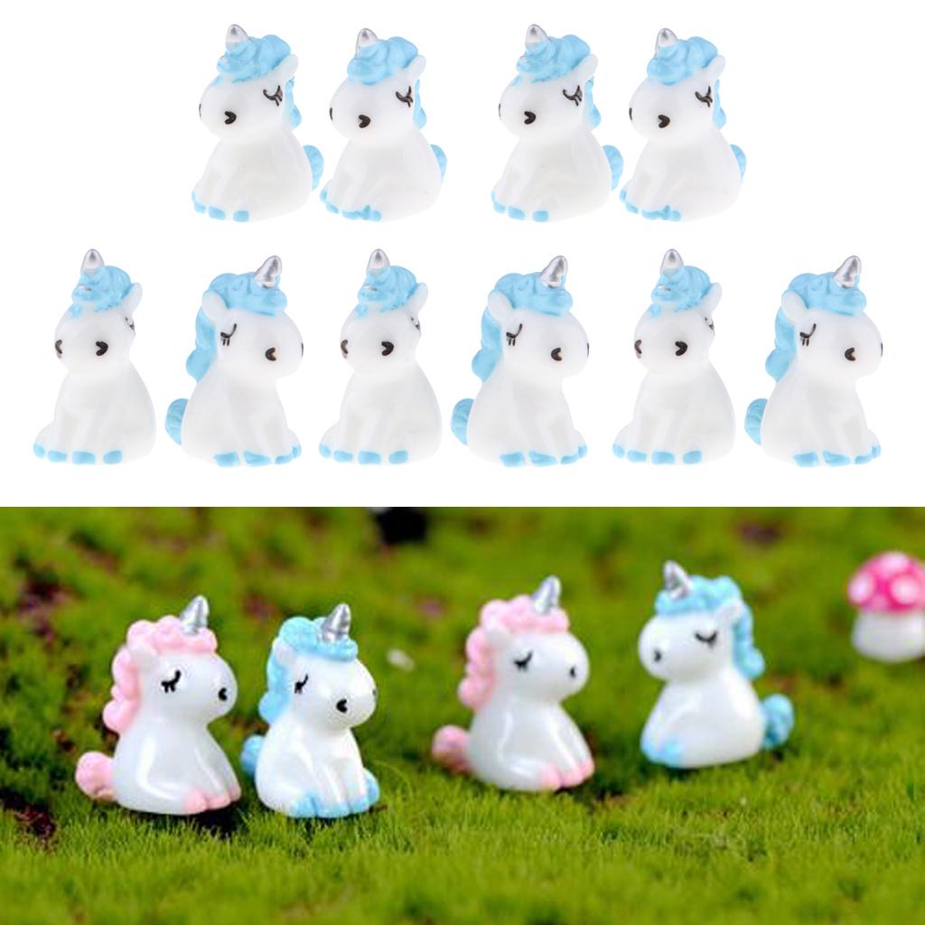 10Pcs Mini Resin Cute Unicorn Statues Miniature Fairy Garden Ornaments Blue