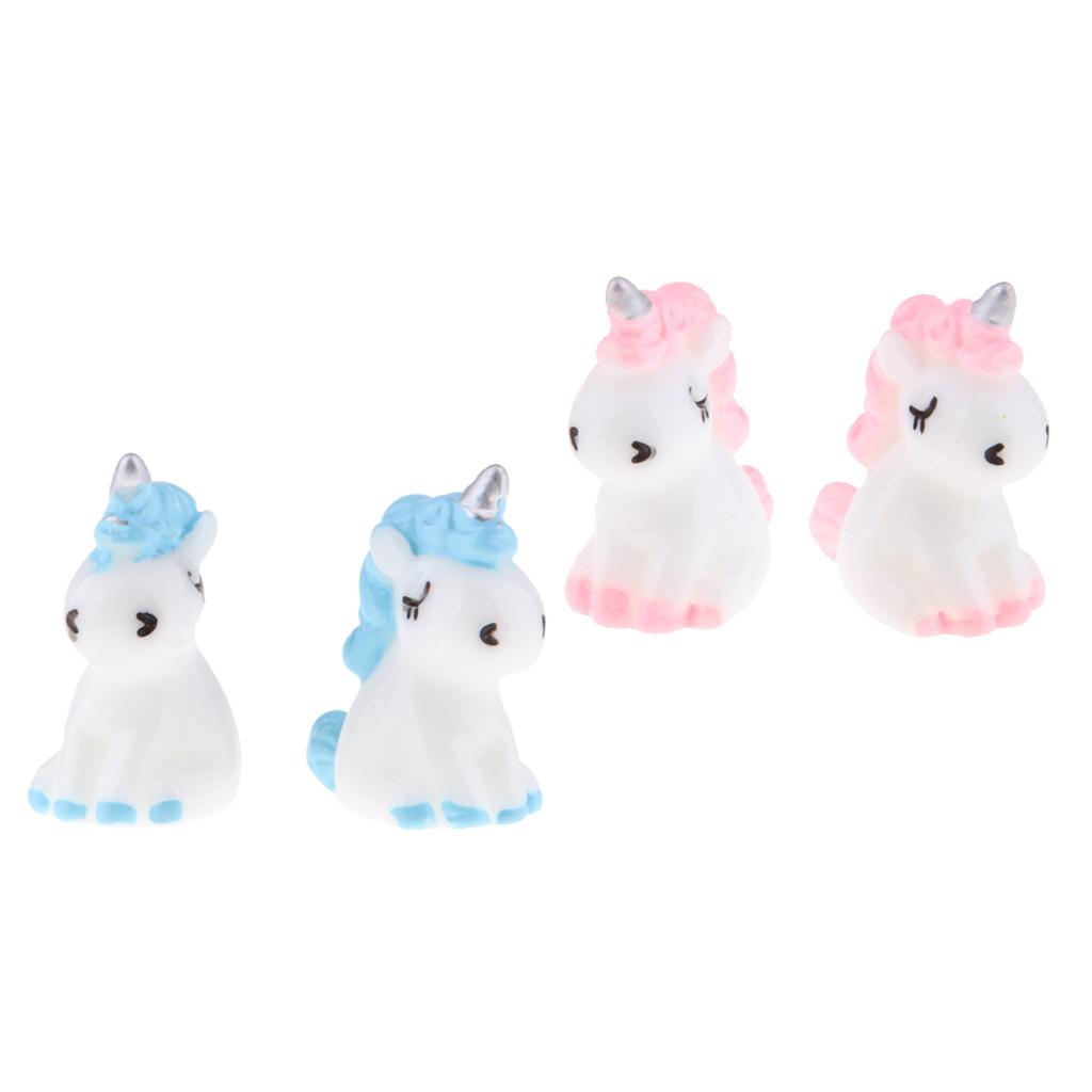 4Pcs Mini Resin Unicorn Statues Miniature Fairy Garden Ornaments Blue+Pink