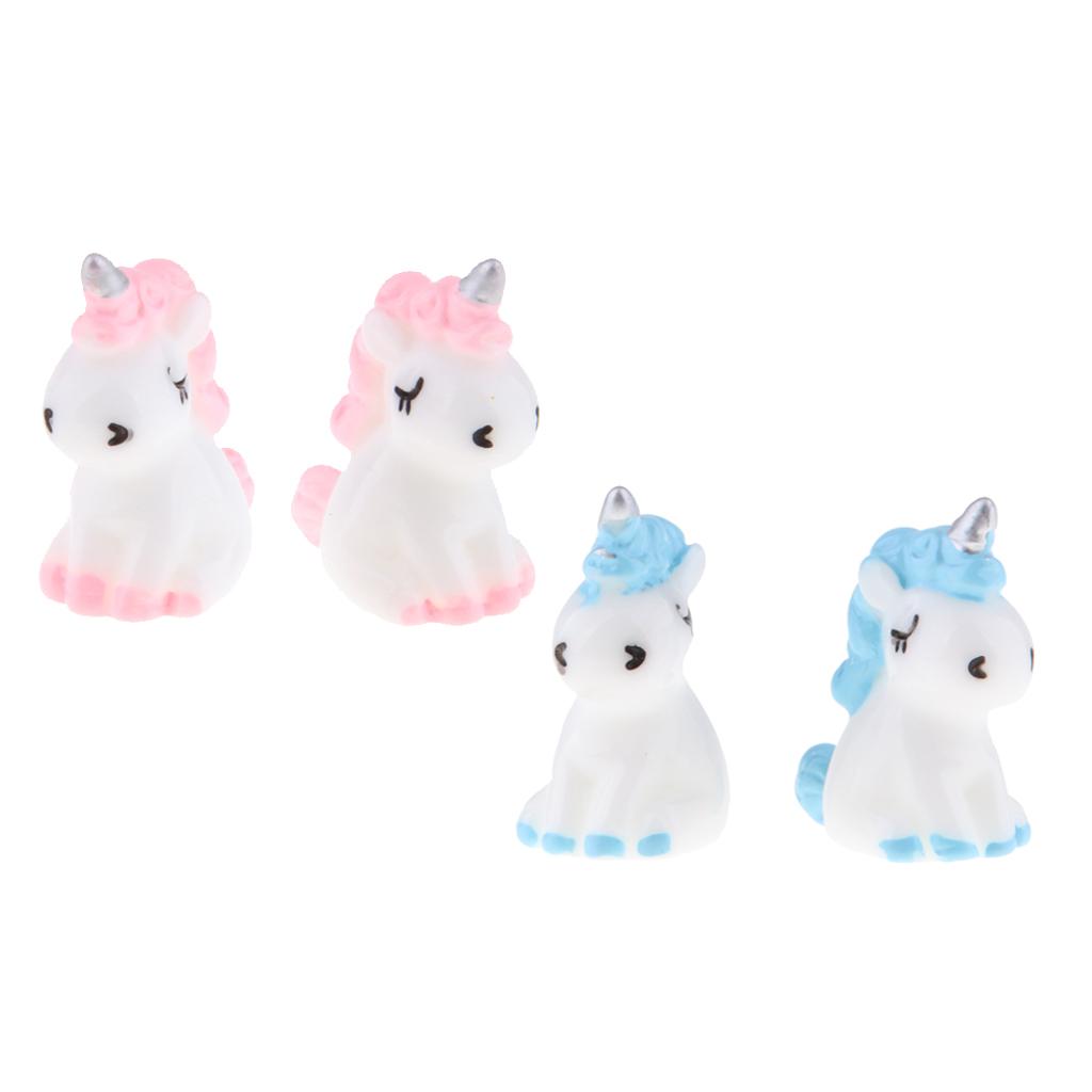4Pcs Mini Resin Unicorn Statues Miniature Fairy Garden Ornaments Blue+Pink