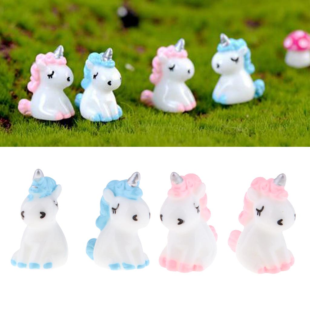 4Pcs Mini Resin Unicorn Statues Miniature Fairy Garden Ornaments Blue+Pink