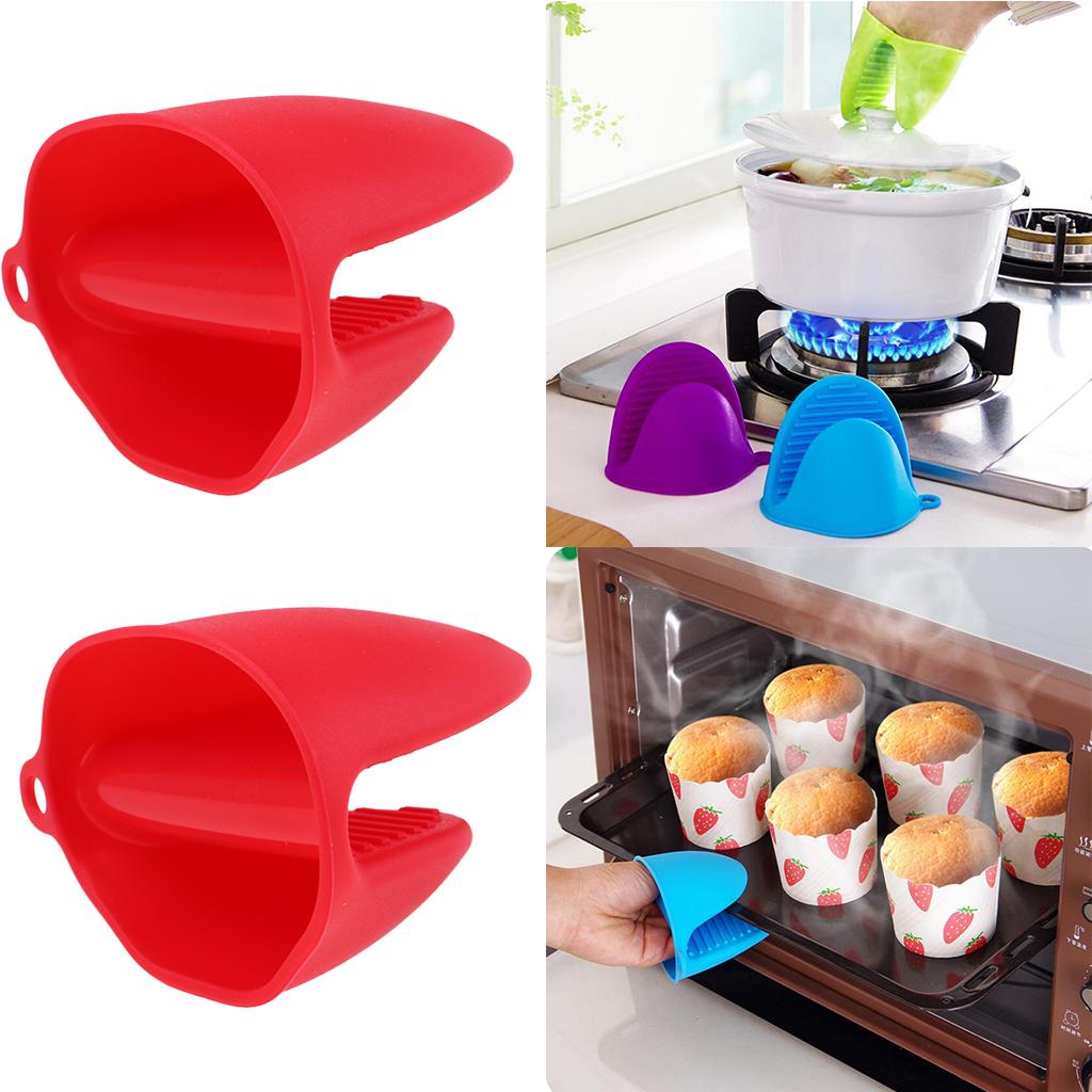 2pcs Silicone Hot Pot Holder Oven Grip Pinch Mitts Finger Tab Protect Red