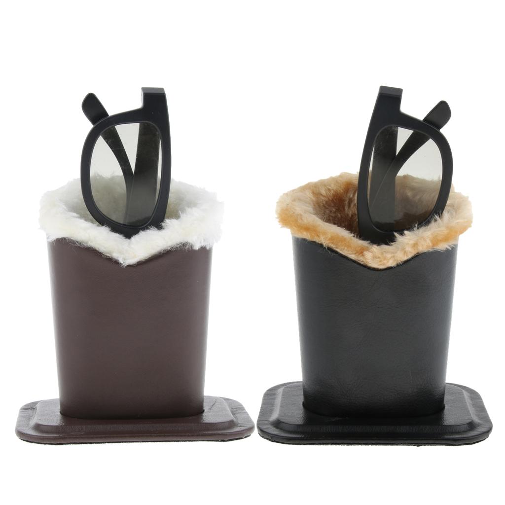 2 Pieces PU Leather Plush Lined Eyeglasses Holder Stand Upright Pen Holder