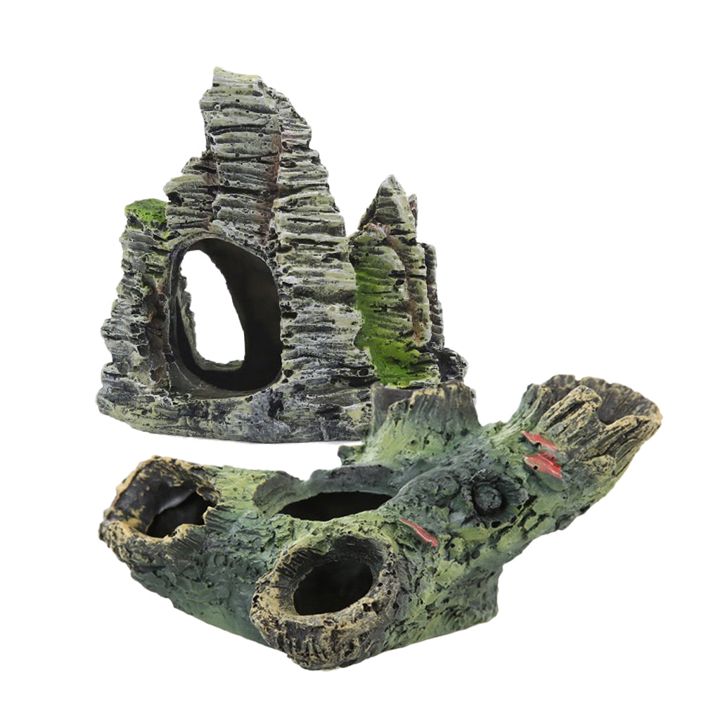 2x Resin Mountain Stone Hollow Tree Hidden Cave for Aquarium Fish Tank Decor