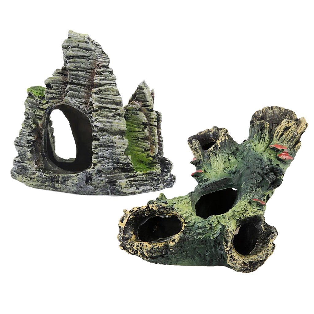2x Resin Mountain Stone Hollow Tree Hidden Cave for Aquarium Fish Tank Decor