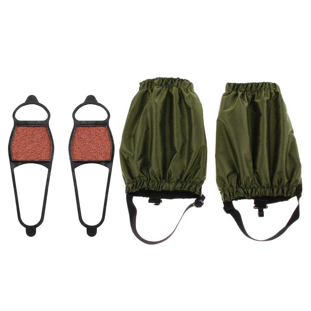 2 Pairs Walking Gaiters Boots Leggings with Snow Ice Walk Cleats Army Green