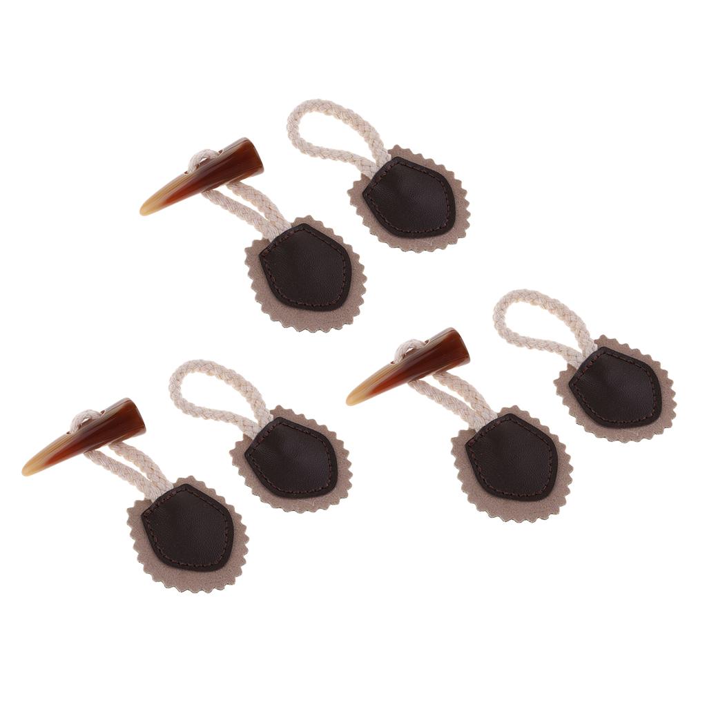3 Pair Pu Leather Horn Toggle Sewing Closures Buttons For Coat Jacket Duffle