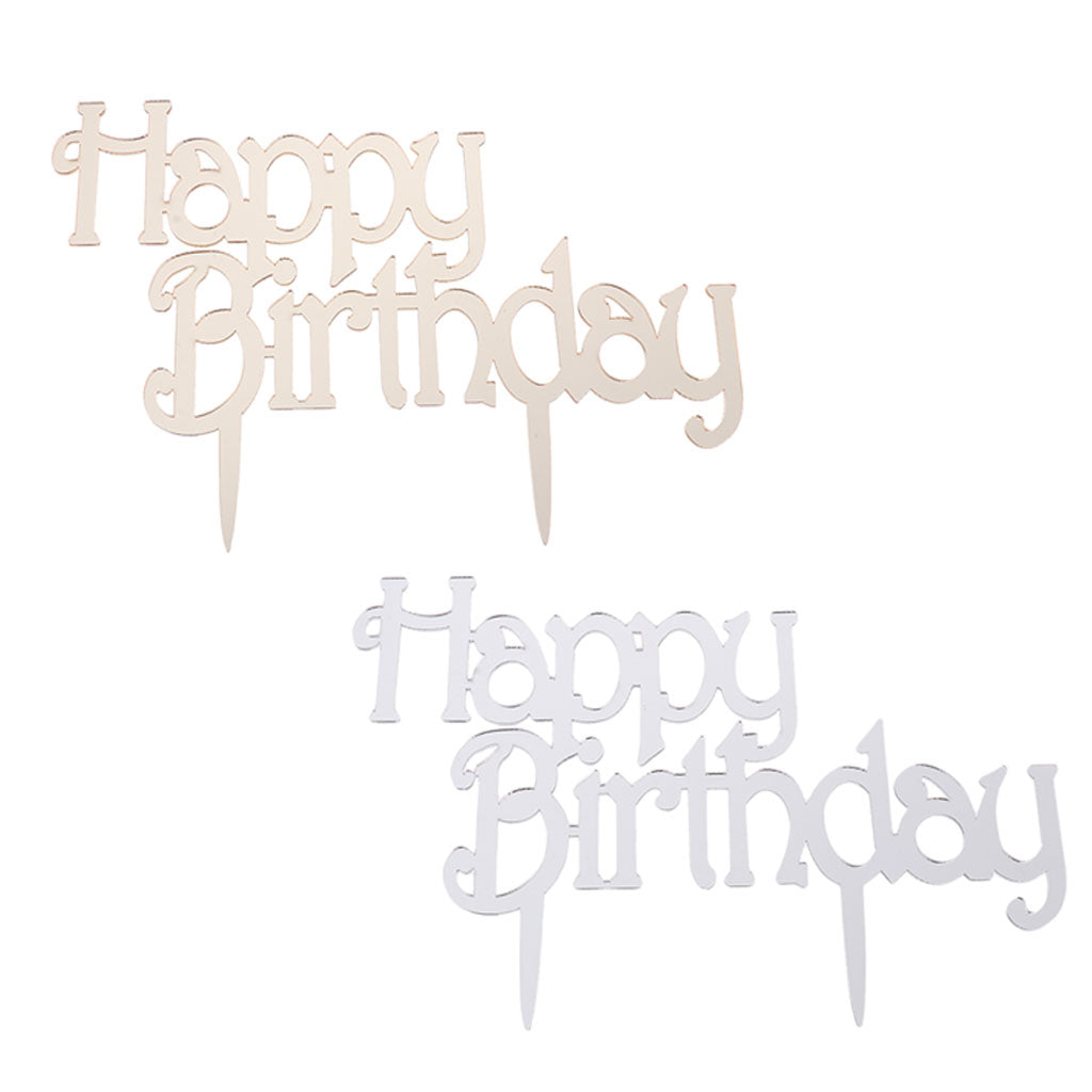 2pcs Kids Adults Acrylic Happy Birthday Cake Topper Decoration Golden+Silver