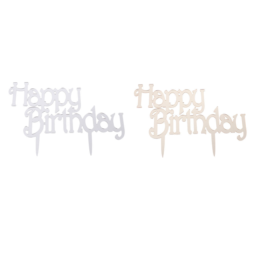 2pcs Kids Adults Acrylic Happy Birthday Cake Topper Decoration Golden+Silver