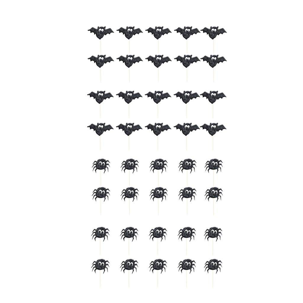 40pcs Glitter Paper Bat Spider Cake Cupcake Topper Halloween Party Supplies