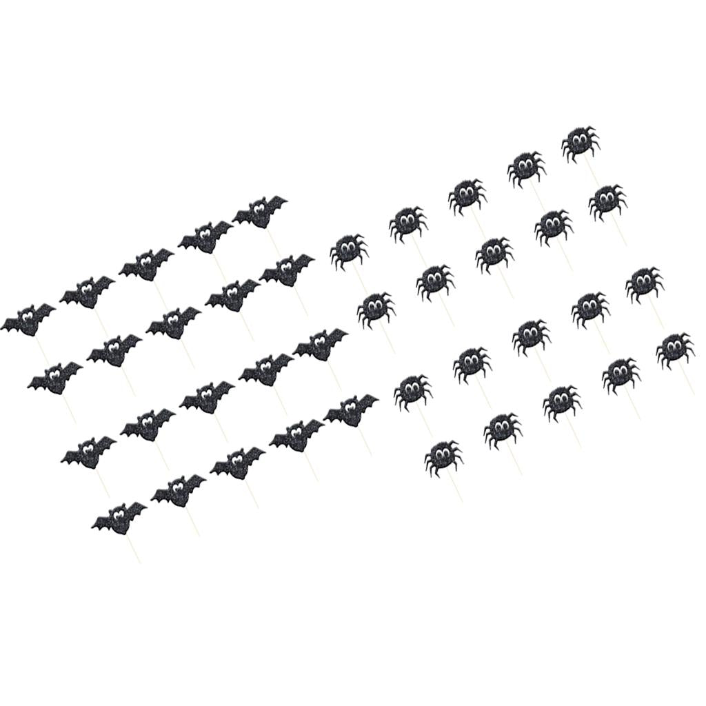 40pcs Glitter Paper Bat Spider Cake Cupcake Topper Halloween Party Supplies