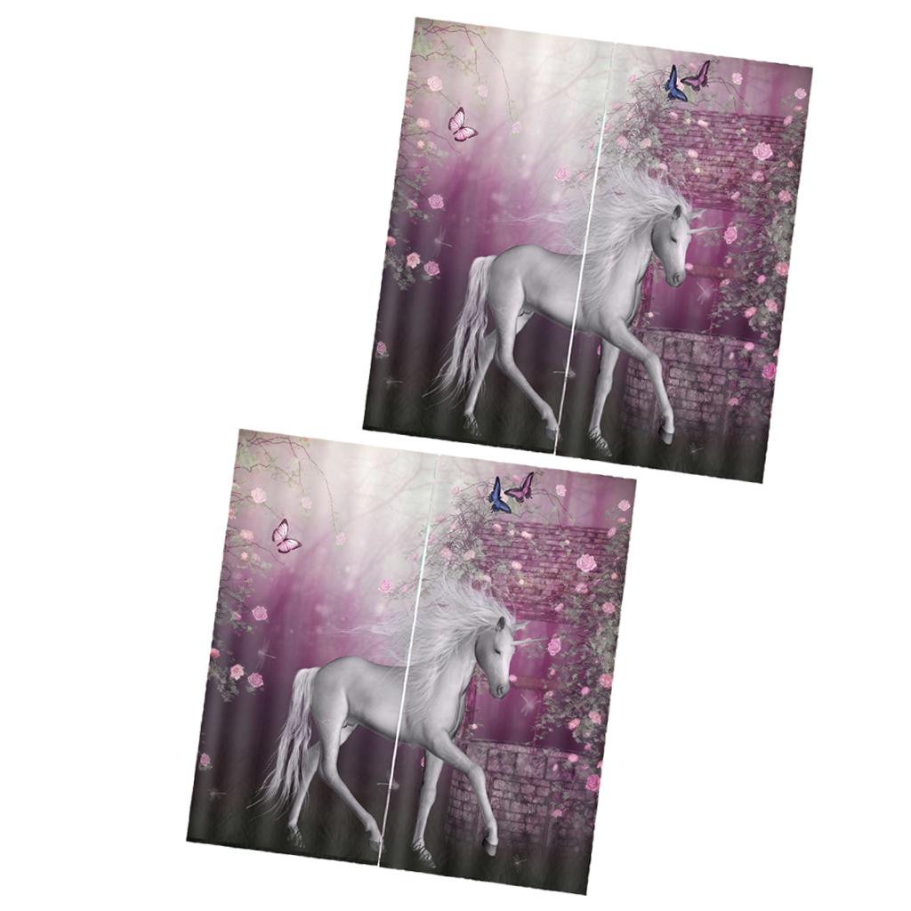 2 Set of 2 Panels Digital Photo Printing 3D Curtains Aminals Unicorn