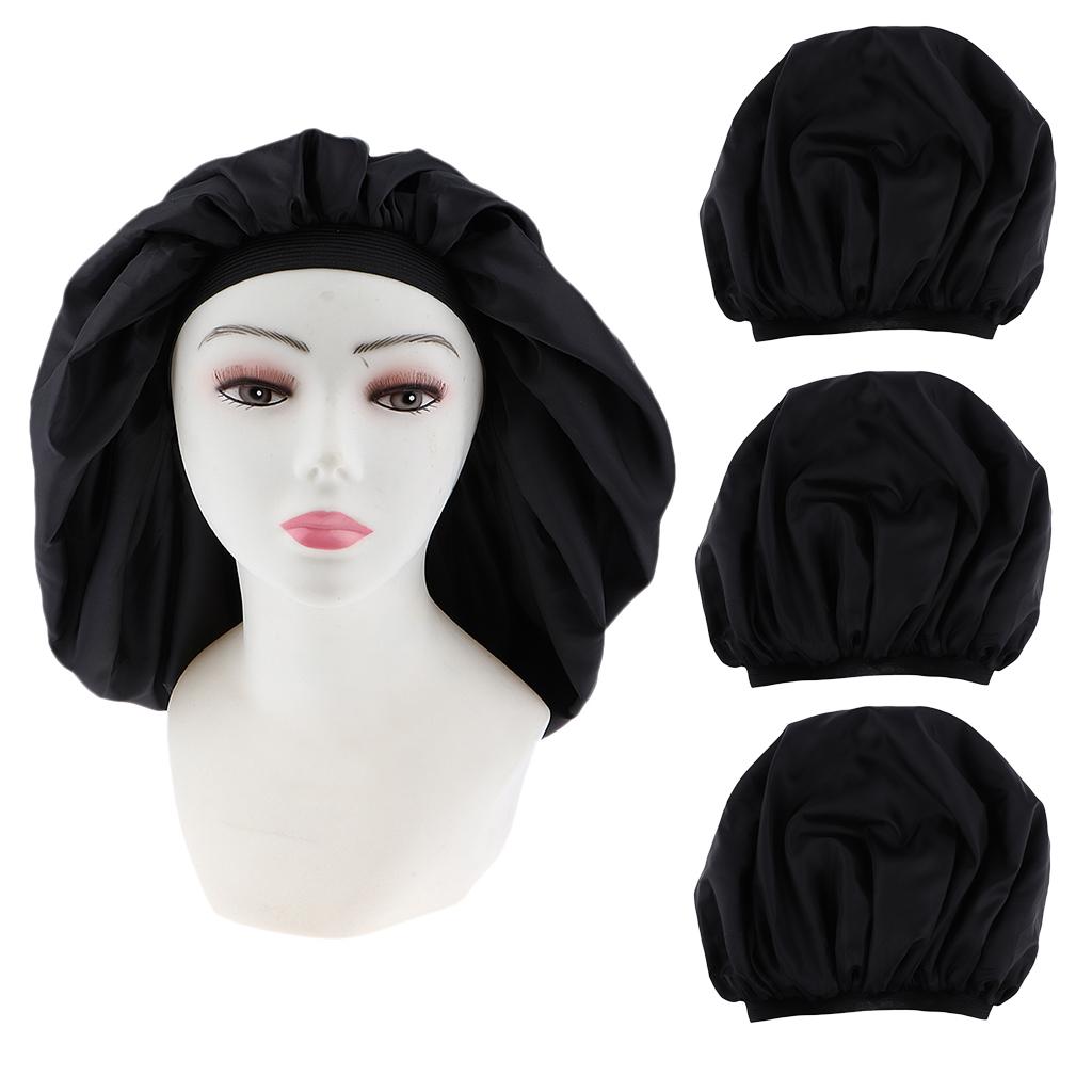 3x Women Shower Cap Waterproof Elastic Bathing Hair Bonnet Head Cover Black