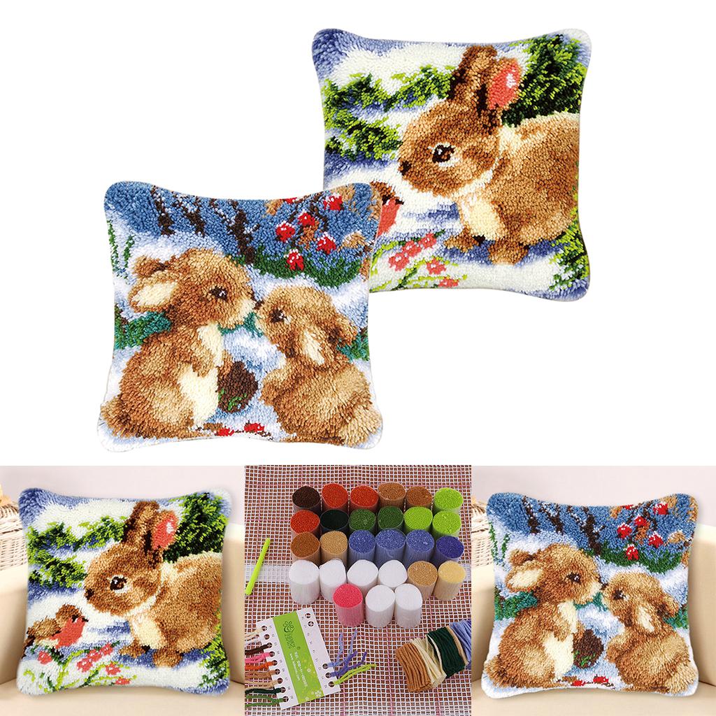 2 Set Rabbit Latch Hook Kits for DIY Pillow Cover Sofa Cushion Cover 43x43cm