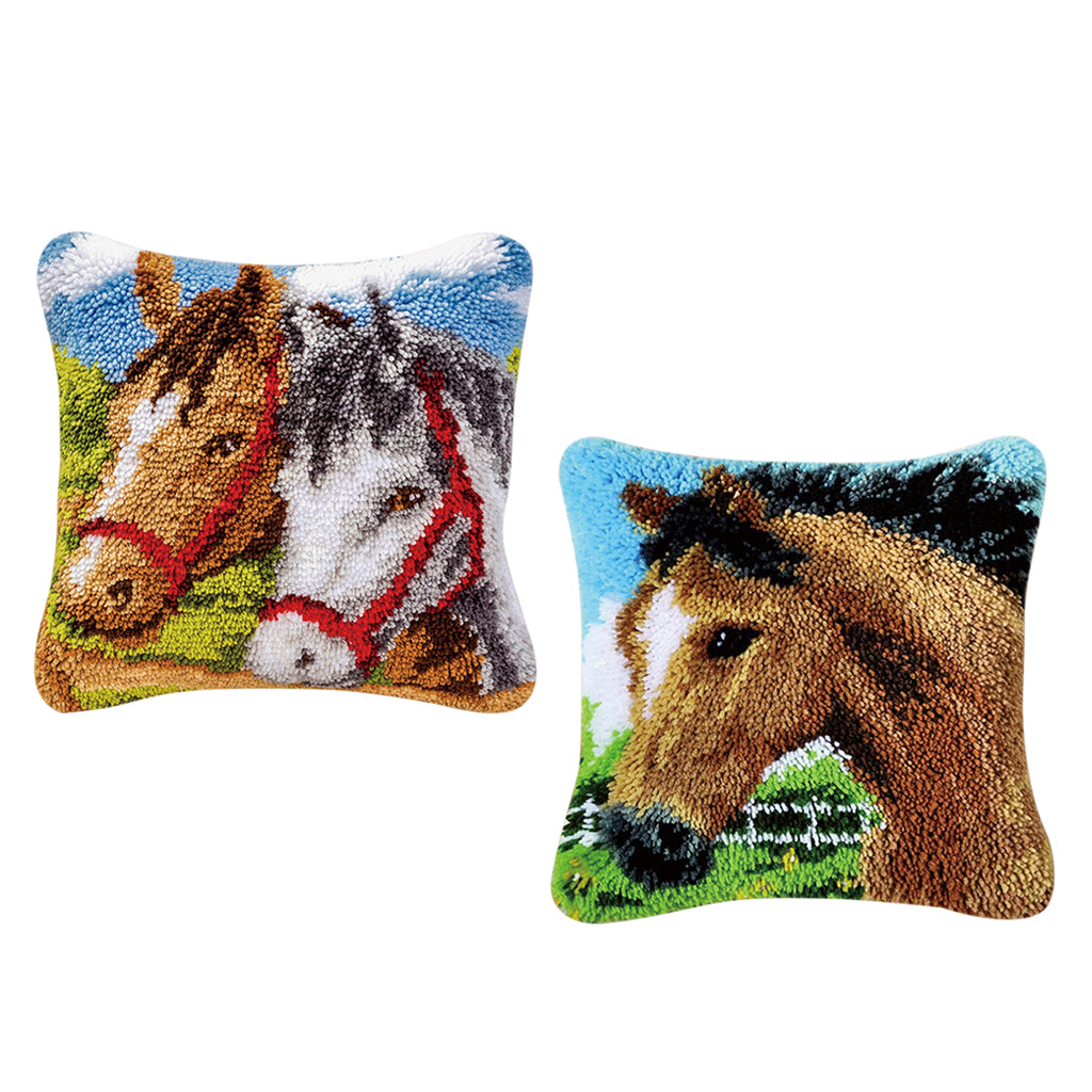 2 Set Horse Latch Hook Kits for DIY Pillow Cover Sofa Cushion Cover 43x43cm