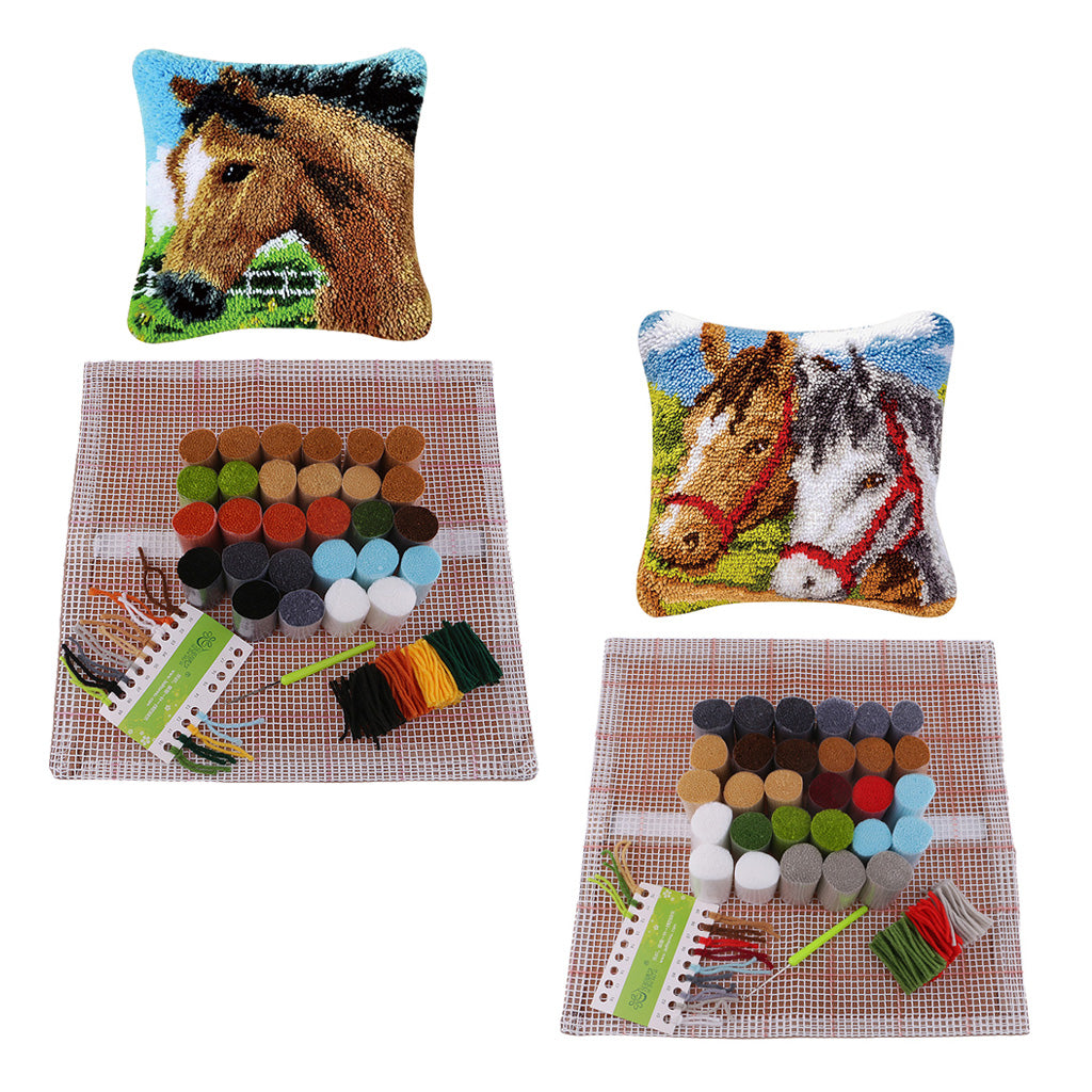 2 Set Horse Latch Hook Kits for DIY Pillow Cover Sofa Cushion Cover 43x43cm