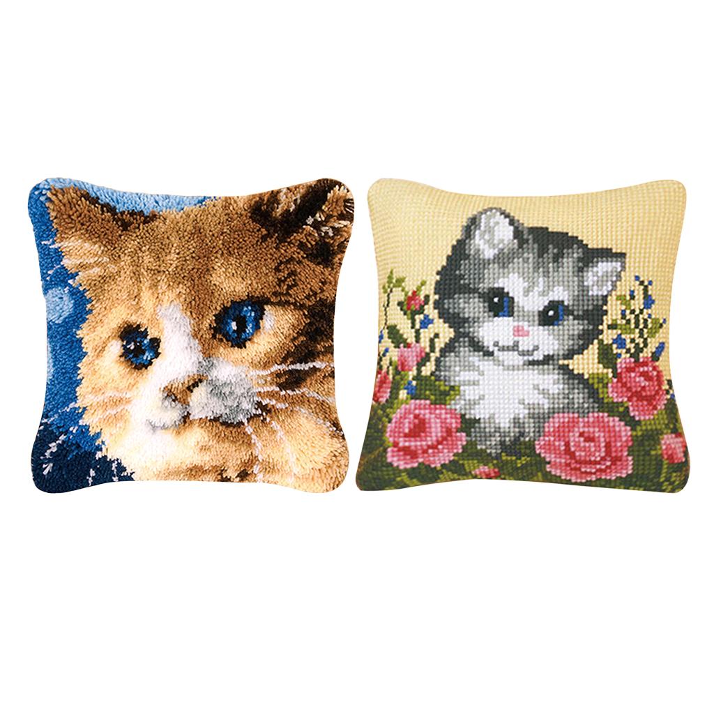 2 Set Cat Latch Hook Kits for DIY Pillow Cover Sofa Cushion Cover 43x43cm