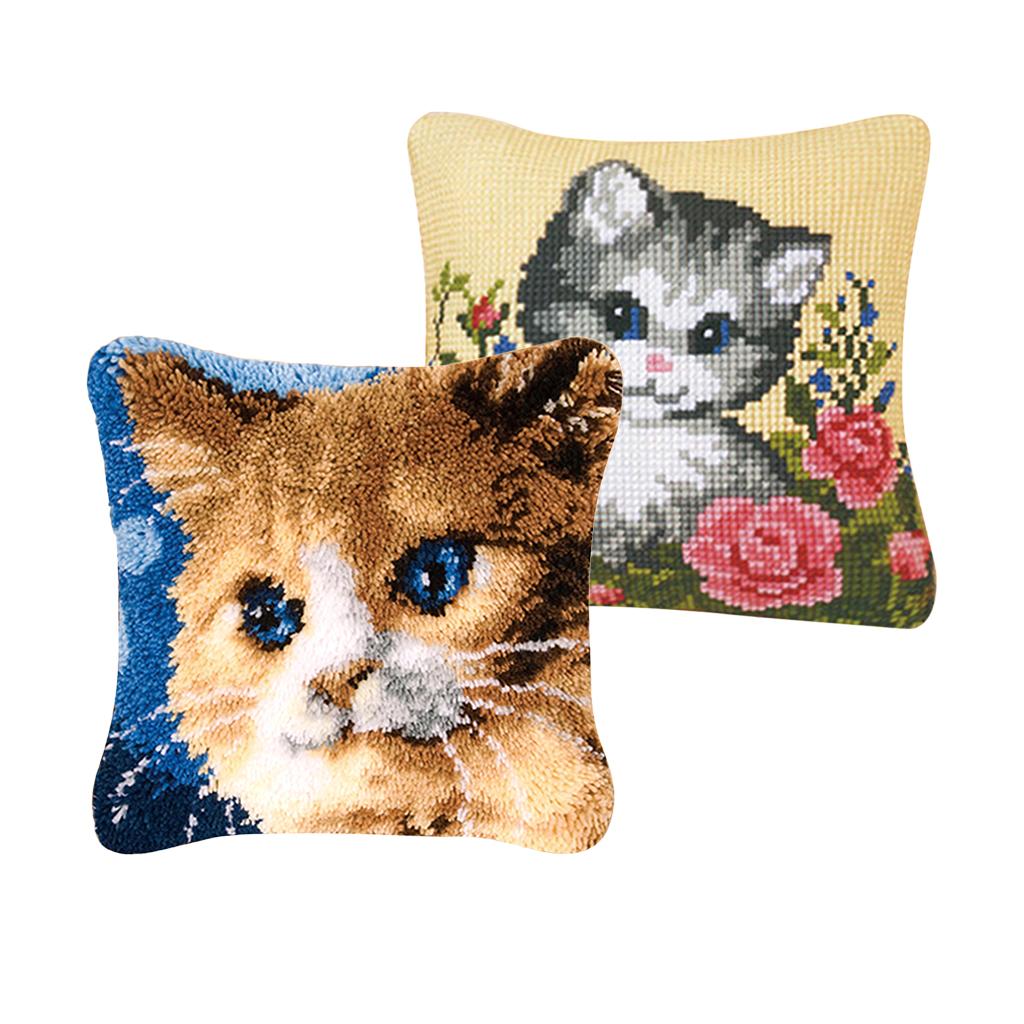 2 Set Cat Latch Hook Kits for DIY Pillow Cover Sofa Cushion Cover 43x43cm