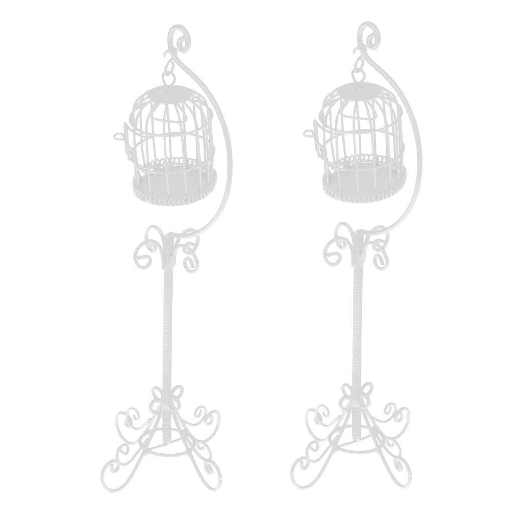 2pcs 1:12 Metal Bird Cage with Stand White Dollhouse Miniature Garden Decor