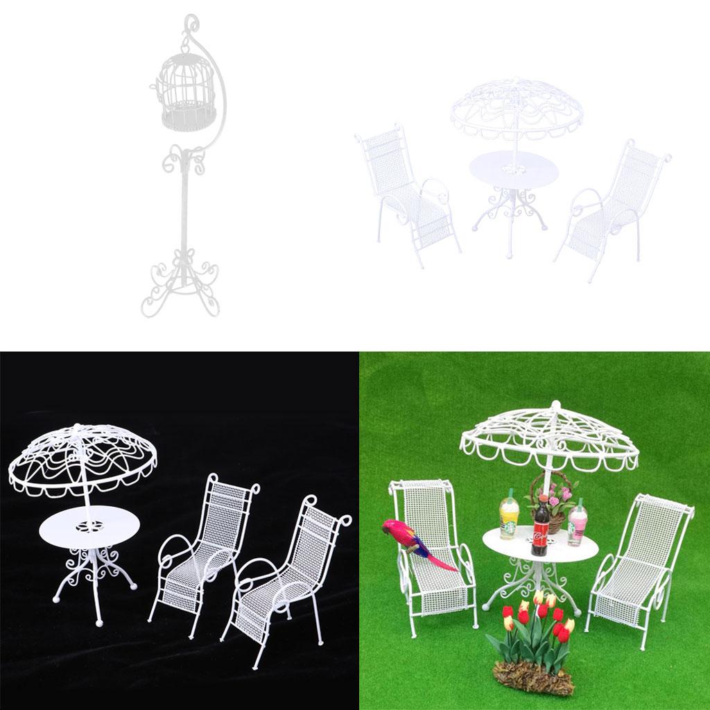 1/12 Dollhouse Miniature Metal Table Chairs Set with Birdcage Garden Decor
