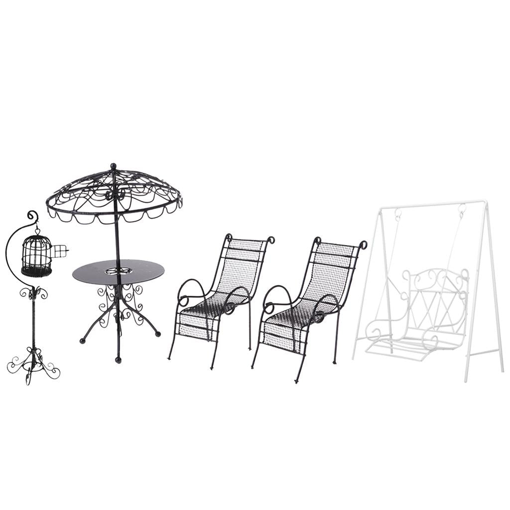1/12 Dollhouse Miniature Metal Table Chairs Set with Decor Kits Garden Accs