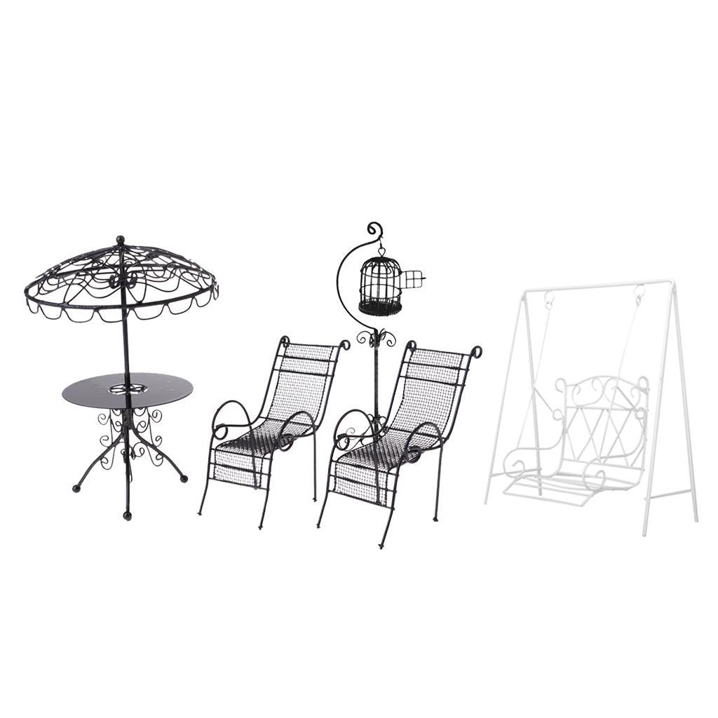 1/12 Dollhouse Miniature Metal Table Chairs Set with Decor Kits Garden Accs