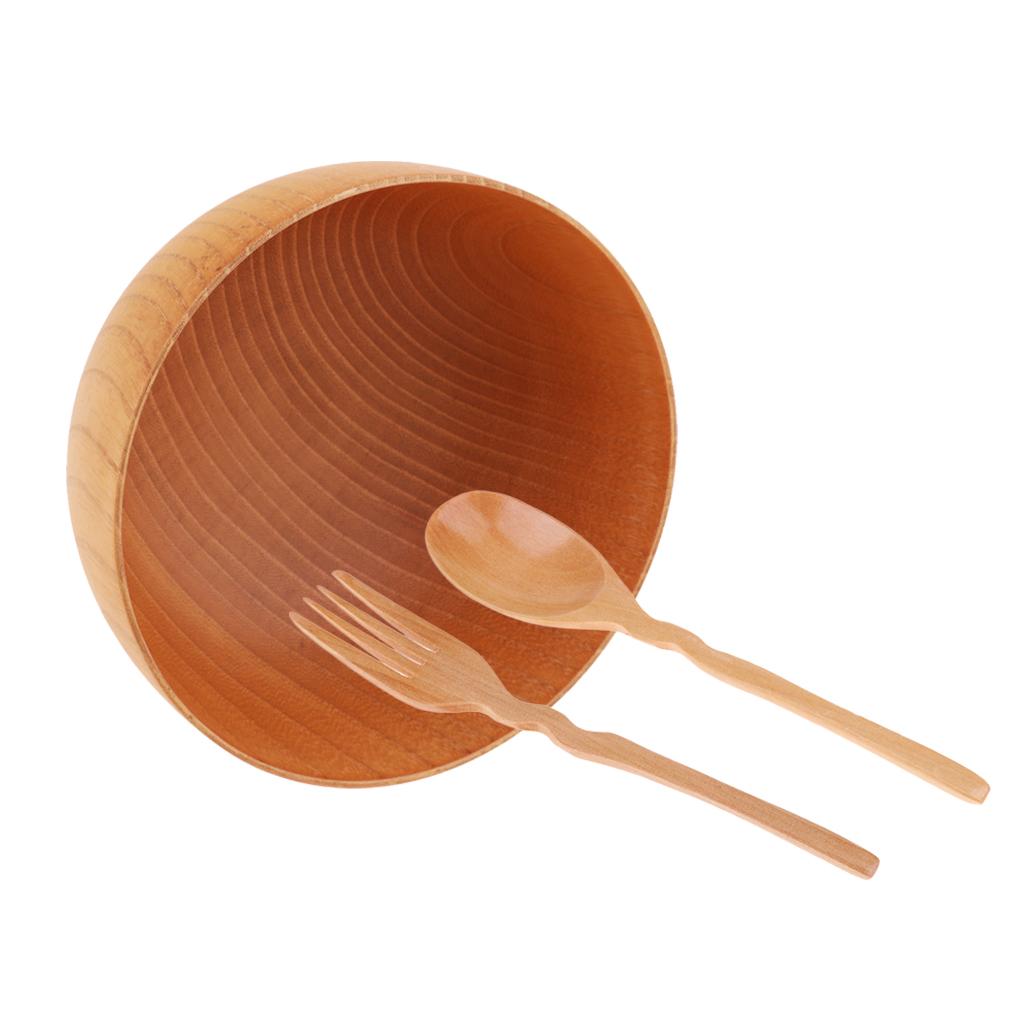 3 Pieces Outdoor Wooden Tableware Bowl Spoon Fork Set for Camping Hiking M