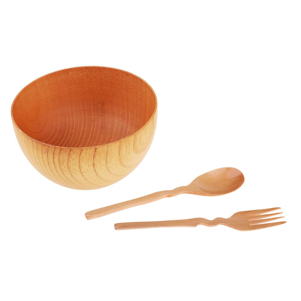 3 Pieces Outdoor Wooden Tableware Bowl Spoon Fork Set for Camping Hiking M