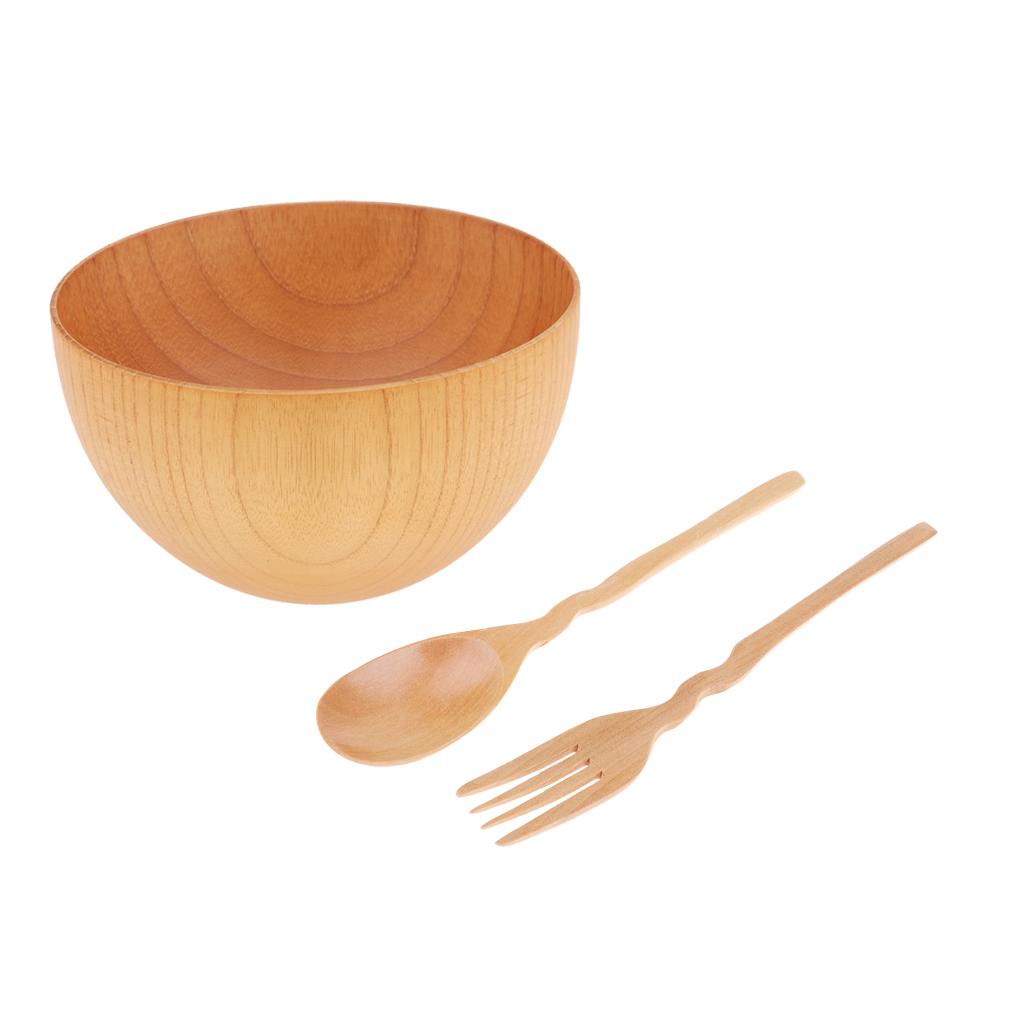 3 Pieces Outdoor Wooden Tableware Bowl Spoon Fork Set for Camping Hiking M