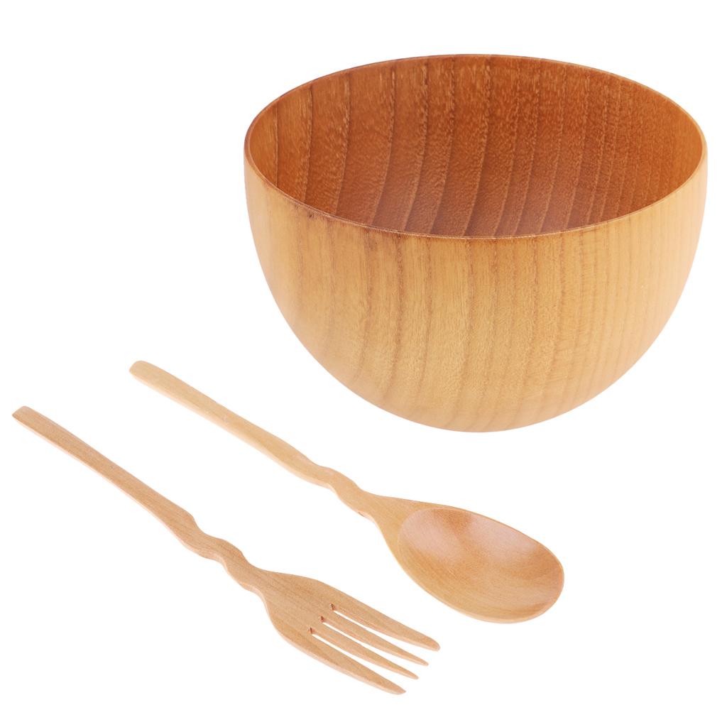3 Pieces Outdoor Wooden Tableware Bowl Spoon Fork Set for Camping Hiking L