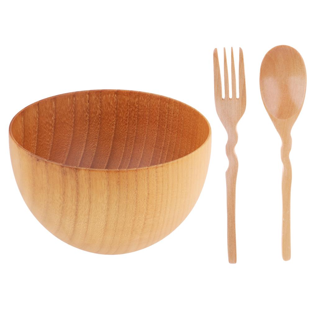 3 Pieces Outdoor Wooden Tableware Bowl Spoon Fork Set for Camping Hiking L