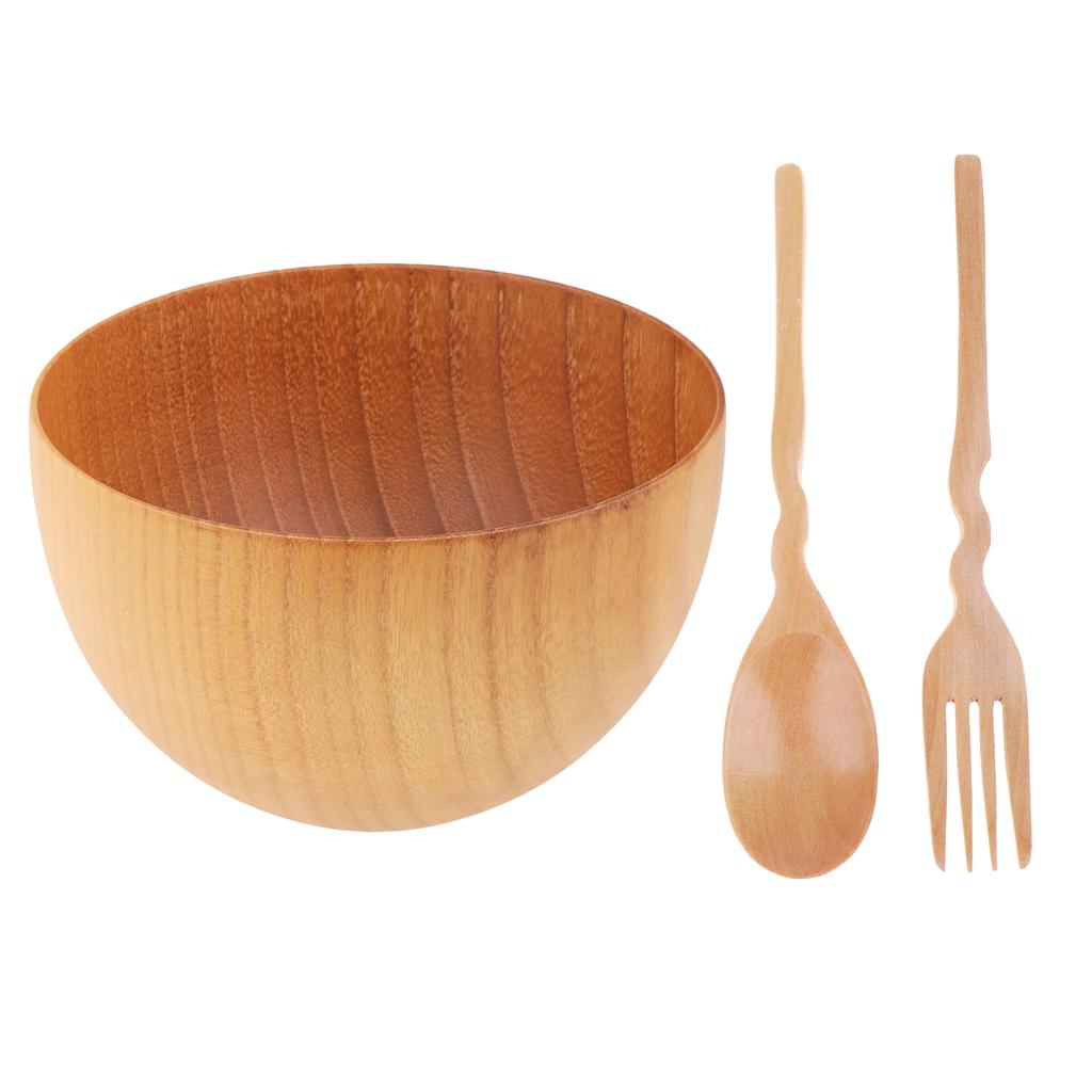 3 Pieces Outdoor Wooden Tableware Bowl Spoon Fork Set for Camping Hiking L