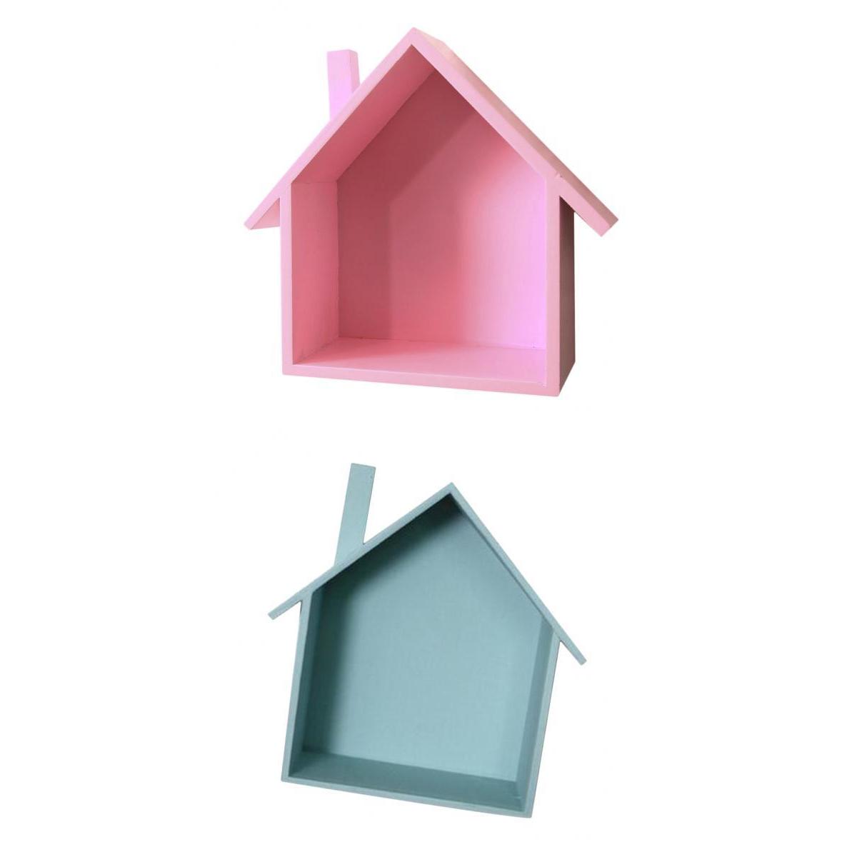 2Pcs House Shaped Shelf Shelves Wood Children Bedroom Craft Decor