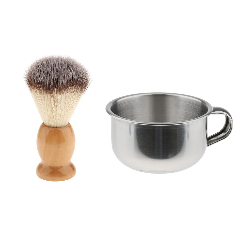 2pcs Men Beard Grooming Moustache Wood Shaving Brush Bowl Mug Cup Set