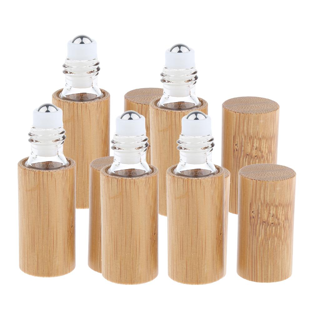 5 Pieces Natural Bamboo Refillable Empty Essential Oil Makeup Roll on Bottle