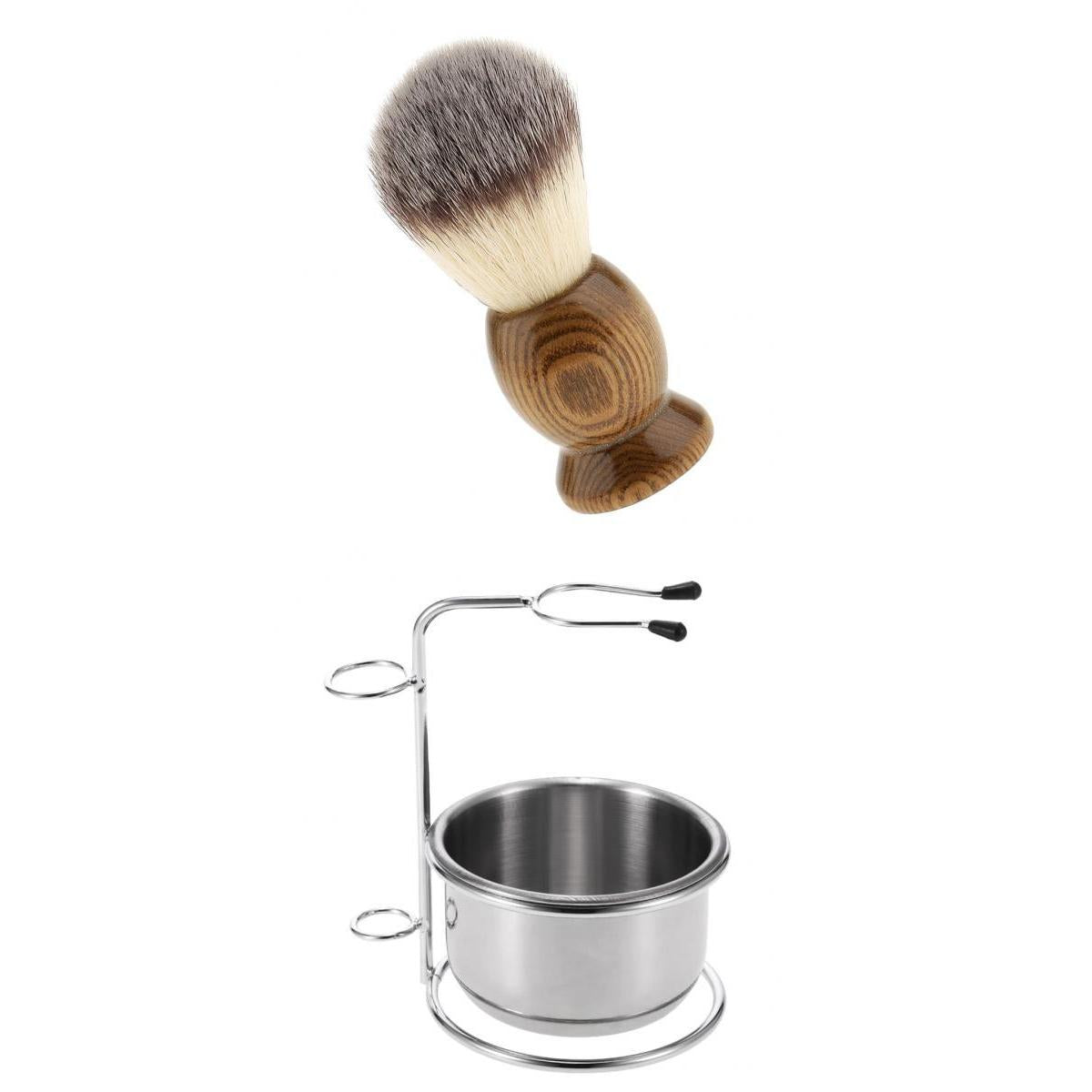 3 Pieces Wood Salon Barber Men Shaving Brush Metal Bowl Stand Holder Set Kit