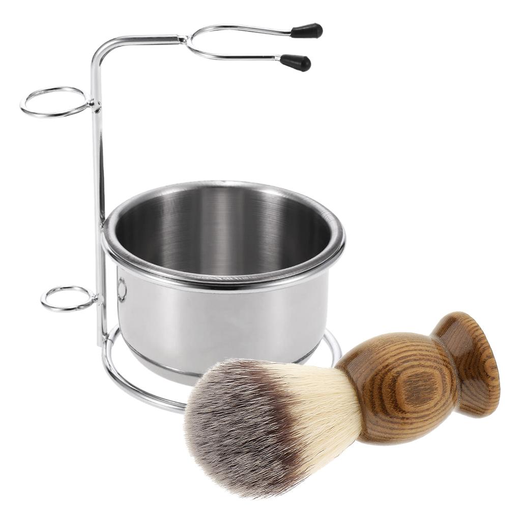3 Pieces Wood Salon Barber Men Shaving Brush Metal Bowl Stand Holder Set Kit