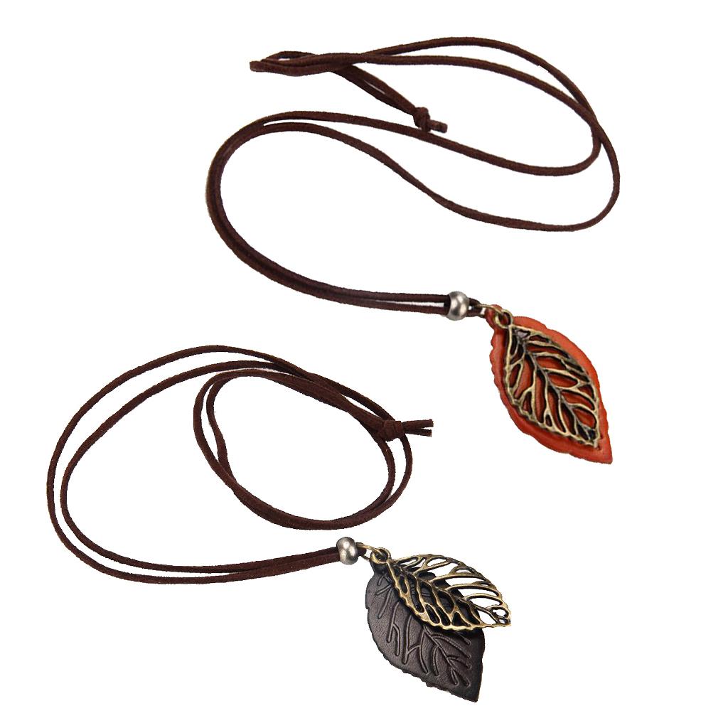 2 Pieces Women Leaves Leaf Pendant Necklace PU Leather Long Sweater Chain