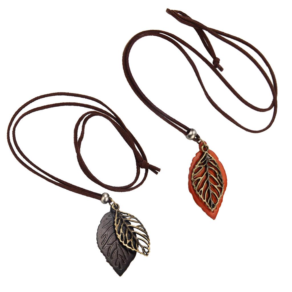 2 Pieces Women Leaves Leaf Pendant Necklace PU Leather Long Sweater Chain