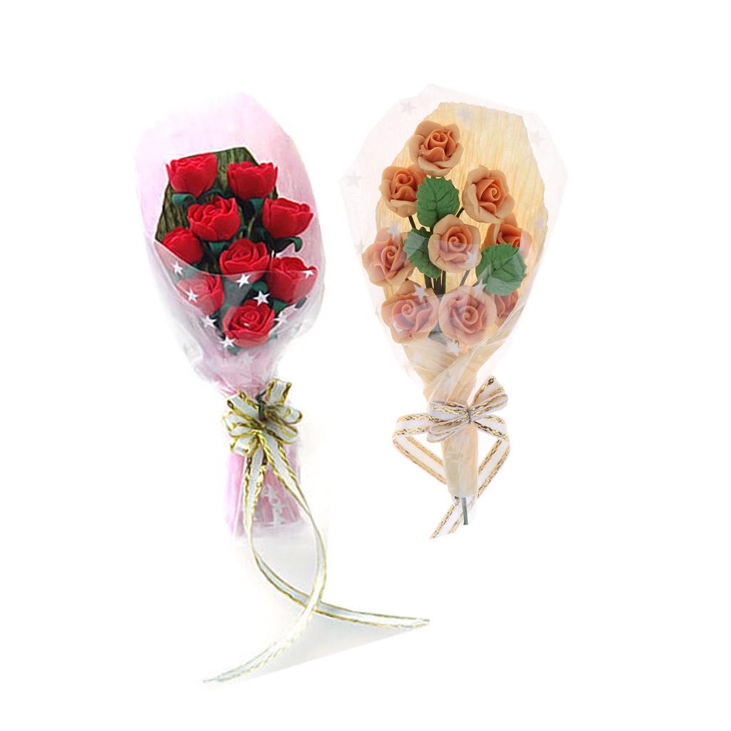 2pcs 1/12 Dollhouse Miniature Sweet Clay Rose Flowers Bouquet Ornaments