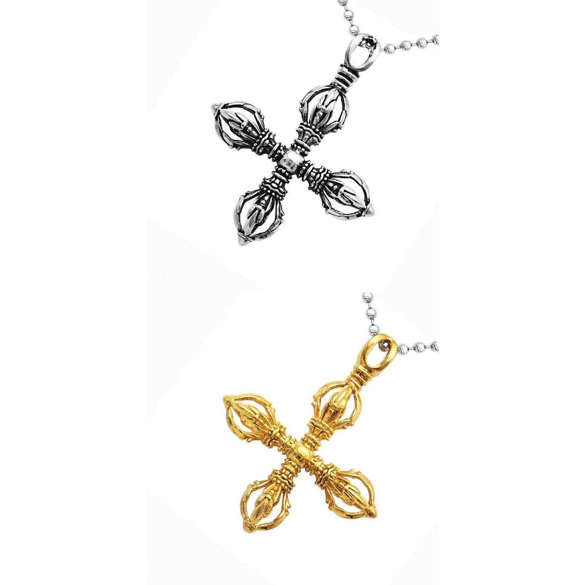 2pcs Unisex Vintage Vajra Pestle Cross Necklace Pendant Ball Beads Chain