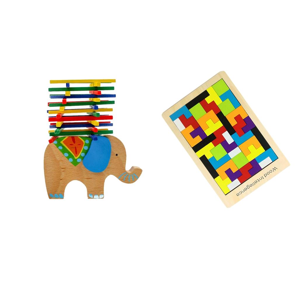 Colorful Wooden Puzzle Toy with Elephant Balance Beam Game