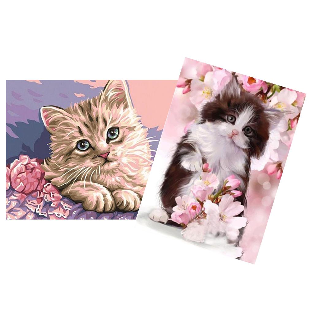 2pcs 5D Diamond Painting Cat and Flower Picture DIY Crafts for Home Ornament
