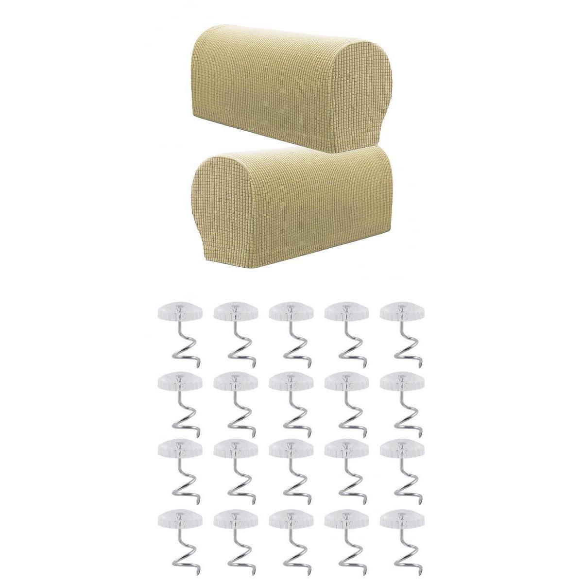1 Pair Furniture Sofa Armrest Covers Protector with 20 Twist Pins Beige