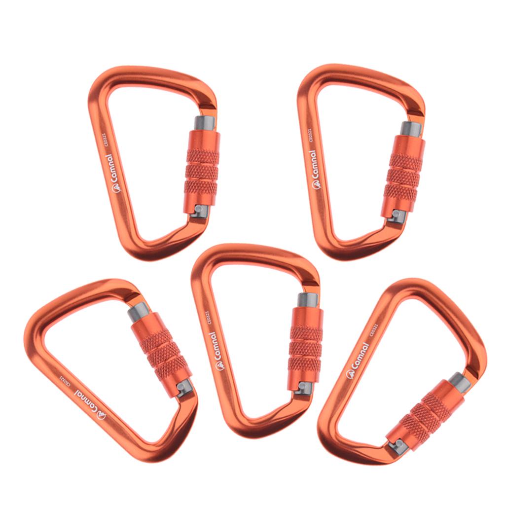 5pcs 28KN Aluminum Climbing D Type Carabiners Snap Auto Locking Orange