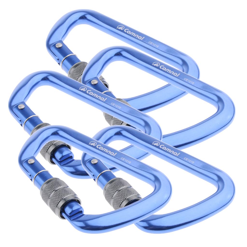 5 Pieces 28KN Aluminum Screwgate D Type Climbing Rescue Carabiner Blue