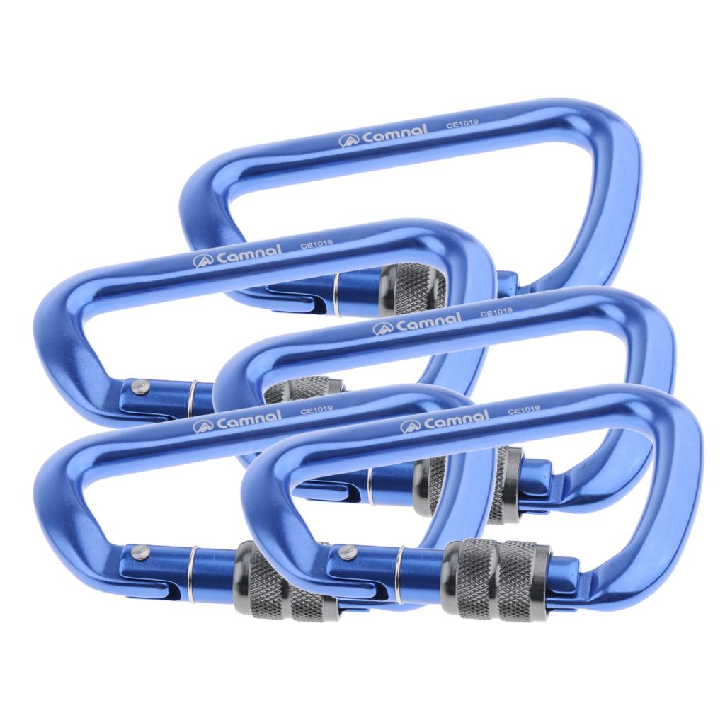5 Pieces 28KN Aluminum Screwgate D Type Climbing Rescue Carabiner Blue