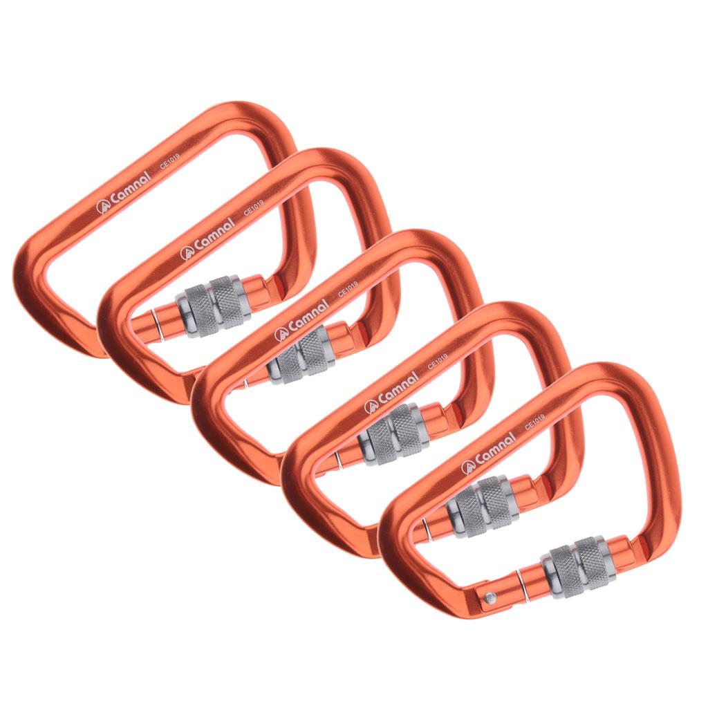 5 Pieces 28KN Aluminum Screwgate D Type Climbing Rescue Carabiner Orange