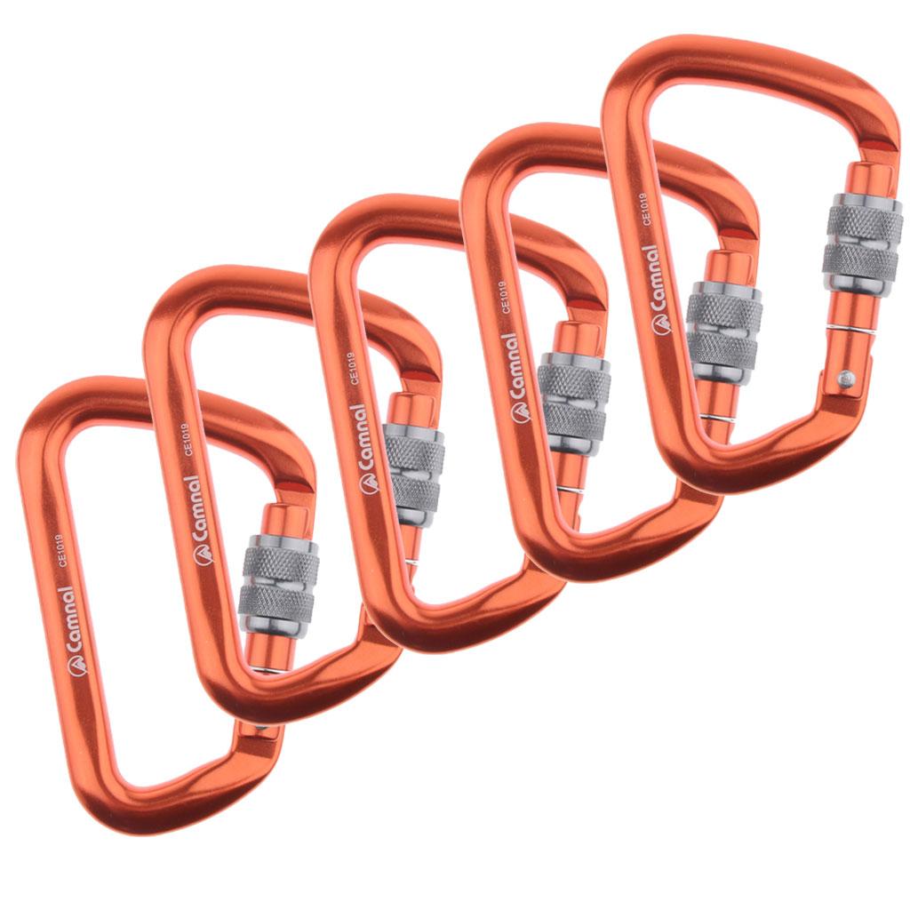 5 Pieces 28KN Aluminum Screwgate D Type Climbing Rescue Carabiner Orange